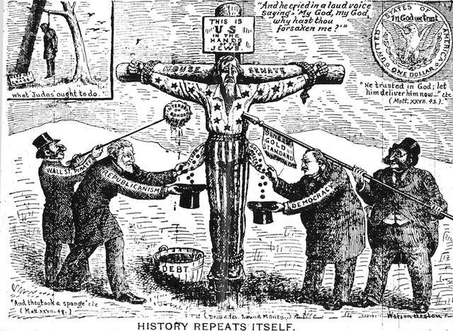 This anti-Semitic political cartoon from 1896 plays on the myth that Jews killed Jesus, in this case substituting Uncle Sam for Jesus. (Wikimedia Commons)
