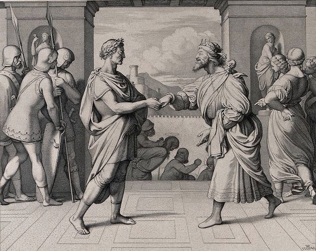 An 1845 etching depicting King Herod and Pontius Pilate shaking hands. (F.A. Ludy via Wellcome Images/Wikimedia Commons)