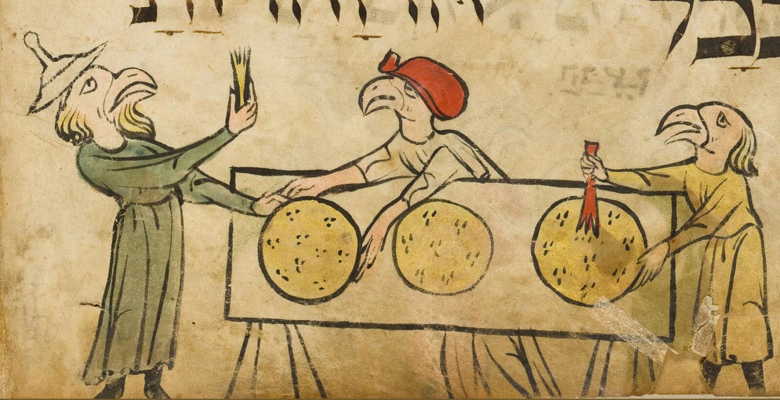 Medieval manuscript illustration showing people with birds' heads making matzah. One wears a distinctive looking hat.