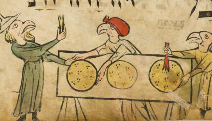 Medieval manuscript illustration showing people with birds' heads making matzah. One wears a distinctive looking hat.