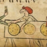 Medieval manuscript illustration showing people with birds' heads making matzah. One wears a distinctive looking hat.
