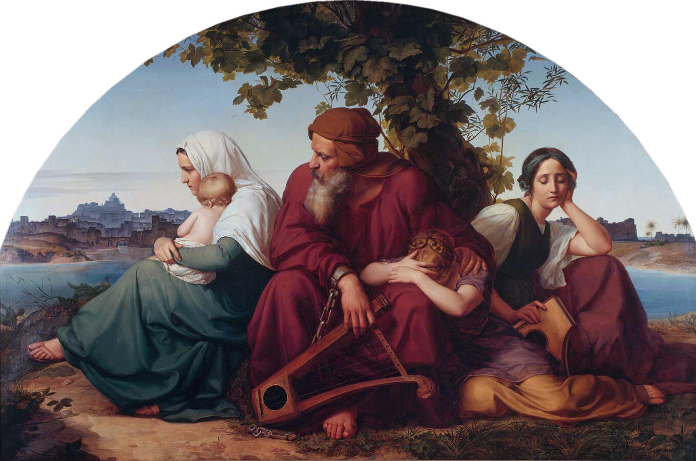 painting of sad people sitting under a tree