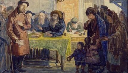 Painting of Jews gathering around a table where a divorce document, a get, is being signed.