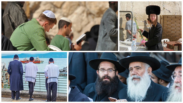 Jewish men wearing kippot (left), a shtreimel (top right) and black hats (lower right). The tzitzit of two men in the lower left image are visible. 