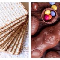 Pieces of matzah, which are traditionally eaten during the Jewish holiday of Passover, next to chocolate Easter bunnies.