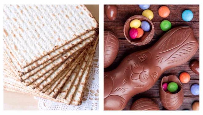 Pieces of matzah, which are traditionally eaten during the Jewish holiday of Passover, next to chocolate Easter bunnies.