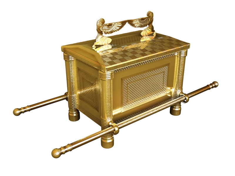 image of the ark of the covenant in bright gold with cherubim on top