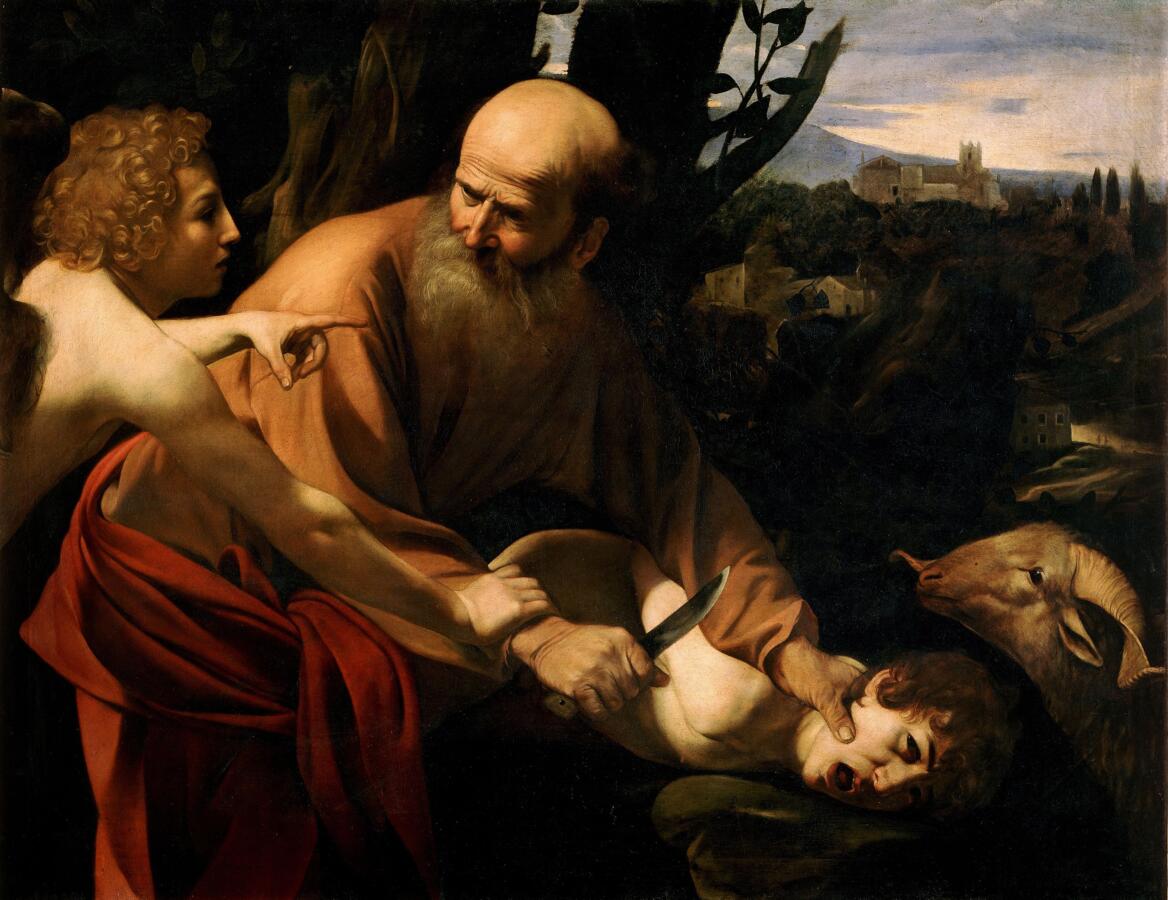 Classical painting of Abraham holding a knife to Isaac's throat while an angel reaches for his hand.
