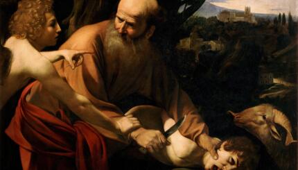 Classical painting of Abraham holding a knife to Isaac's throat while an angel reaches for his hand.