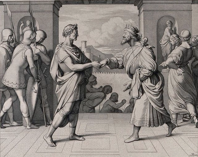 An 1845 etching depicting 
King Herod and Pontius Pilate shaking hands. (F.A. Ludy via Wellcome Images/Wikimedia Commons)