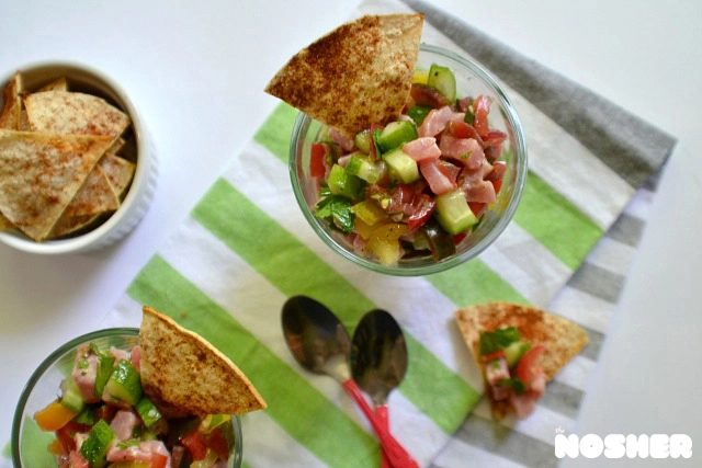 Israeli Salad Ceviche with homemade chips