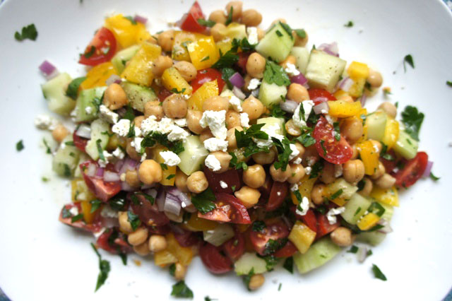 Israeli salad with chickpeas and feta