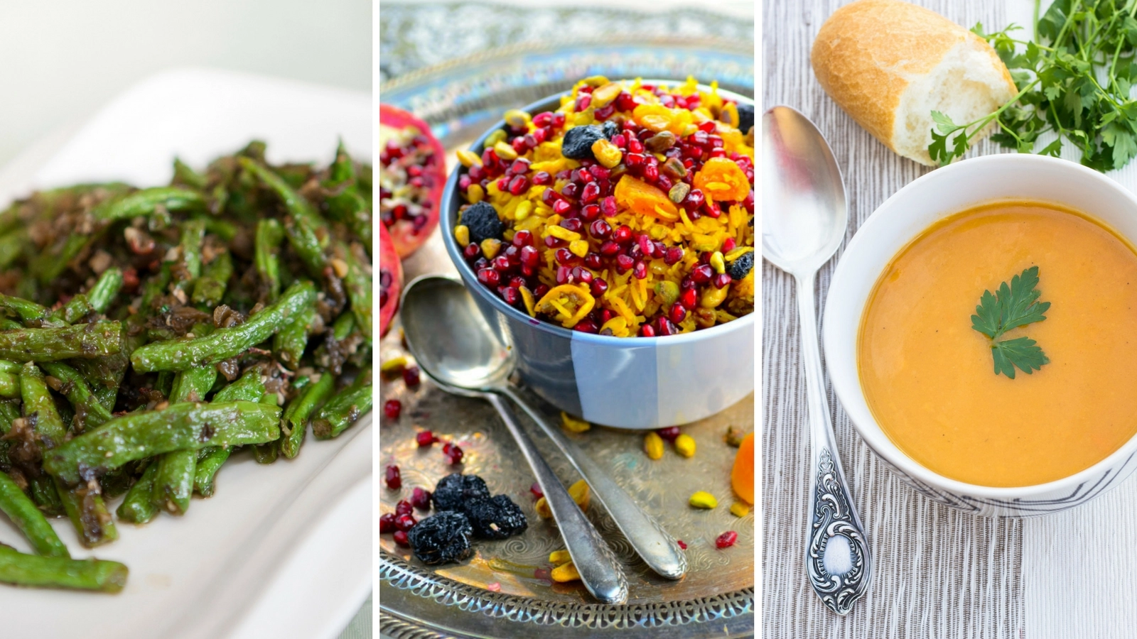 Green beans, pomegranate rice, soup