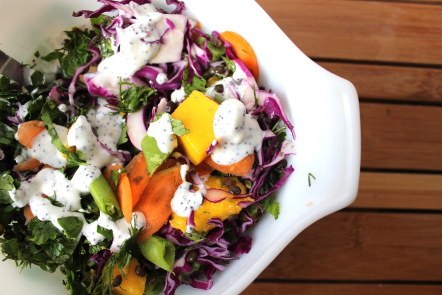 Israeli 7-Layer Salad with Labneh Poppyseed Dressing Recipe