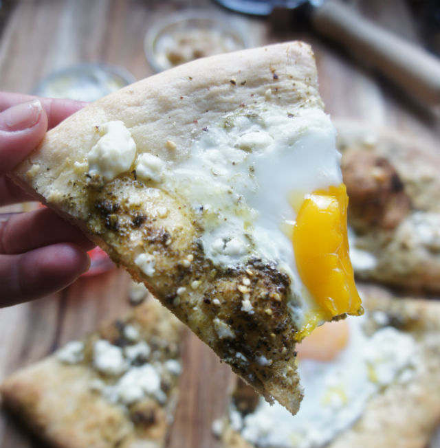 Israeli breakfast pizza slice