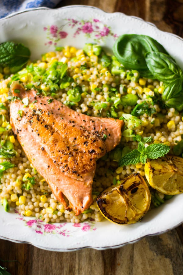Charred Salmon with Lemon Herb Israeli Couscous & Fava ...