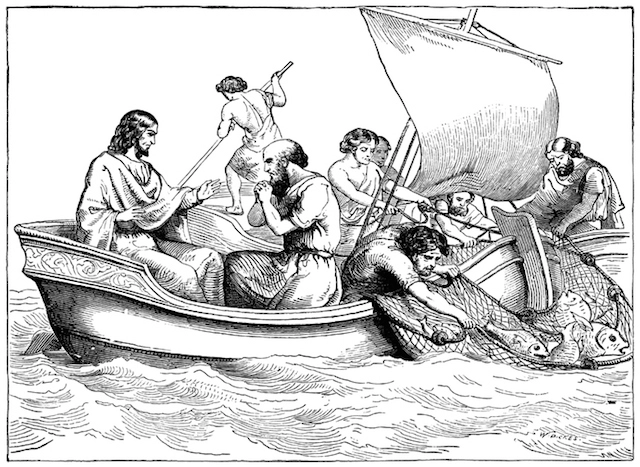 Illustration depicting Jesus, with apostles fishing in the Sea of Galilee. (From “At Home’ by Grace Stebbing, published by John F Shaw & Co)