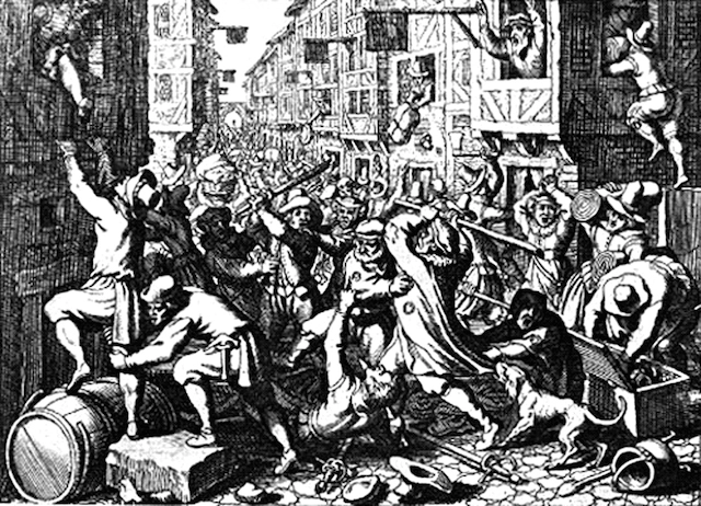 Engraving depicting the plundering of the Judengasse, Frankfurt's Jewish ghetto, during the Fettmilch riot of August 1614. (Matthäus Merian/Wikimedia Commons)