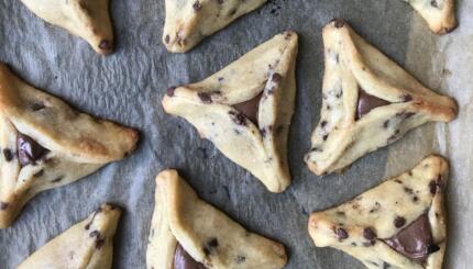 chocolate chip hamantaschen filled with Nutella for Purim