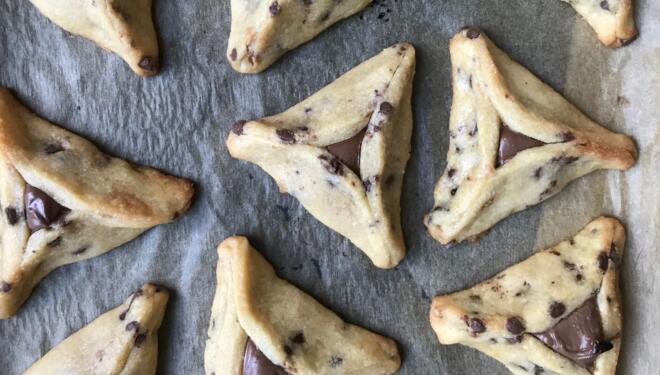chocolate chip hamantaschen filled with Nutella for Purim