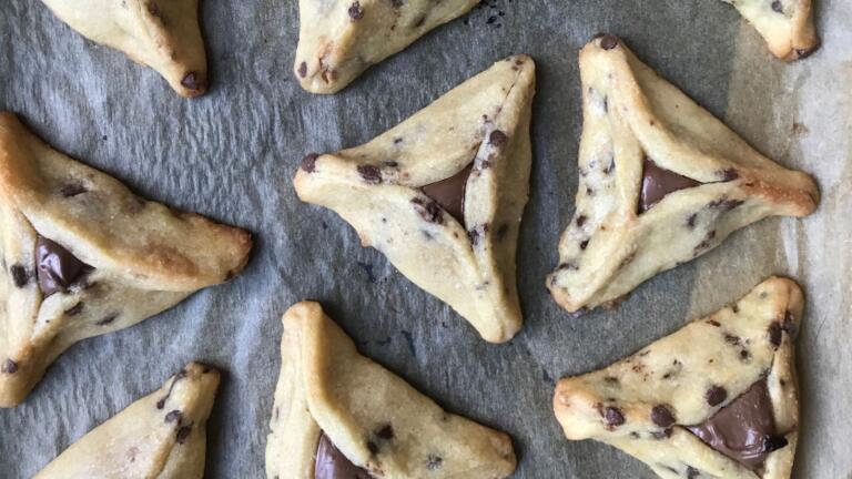 chocolate chip hamantaschen filled with Nutella for Purim