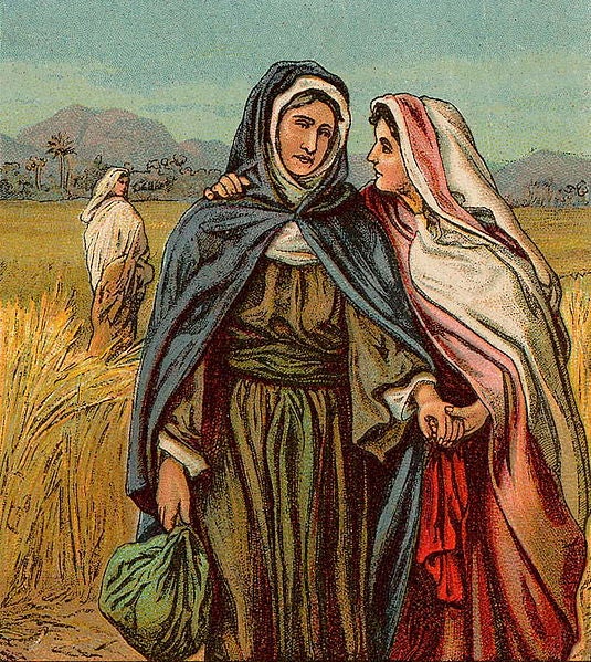Drawing of two women together in a field, plus another woman in the background.