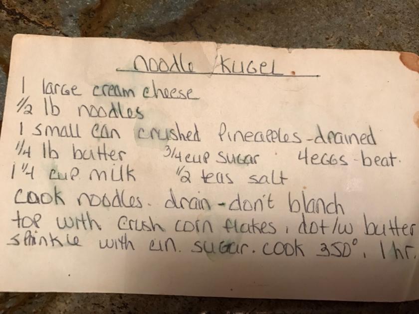 noodle kugel recipe on index card