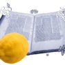 an etrog superimposed over a page of talmud