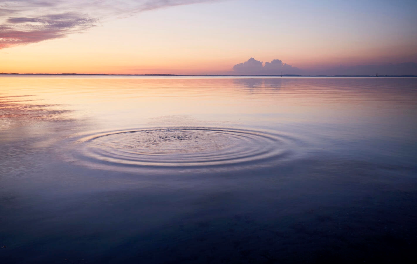 Rings in water of the sea and reflection of the sky during sunset