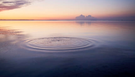 Rings in water of the sea and reflection of the sky during sunset