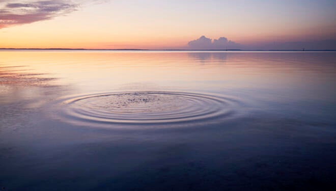 Rings in water of the sea and reflection of the sky during sunset