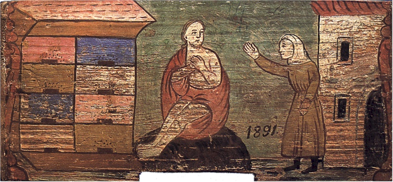 Painting on wood of a man sitting on a dung heap and a woman gesturing toward him.