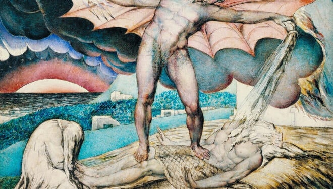 Painting of an angel standing on a man's chest and a weeping woman.