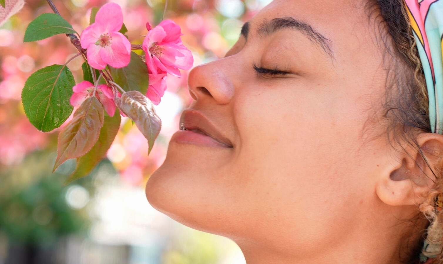 young mixed race woman holding cherry blossoms and smelling it