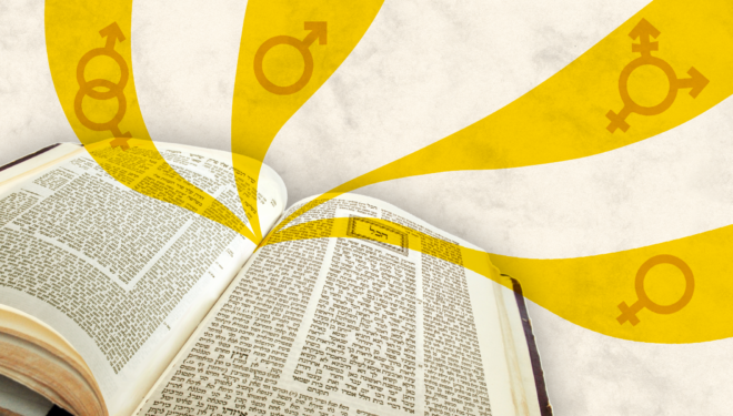 a volume of talmud with gender symbols flying out of it