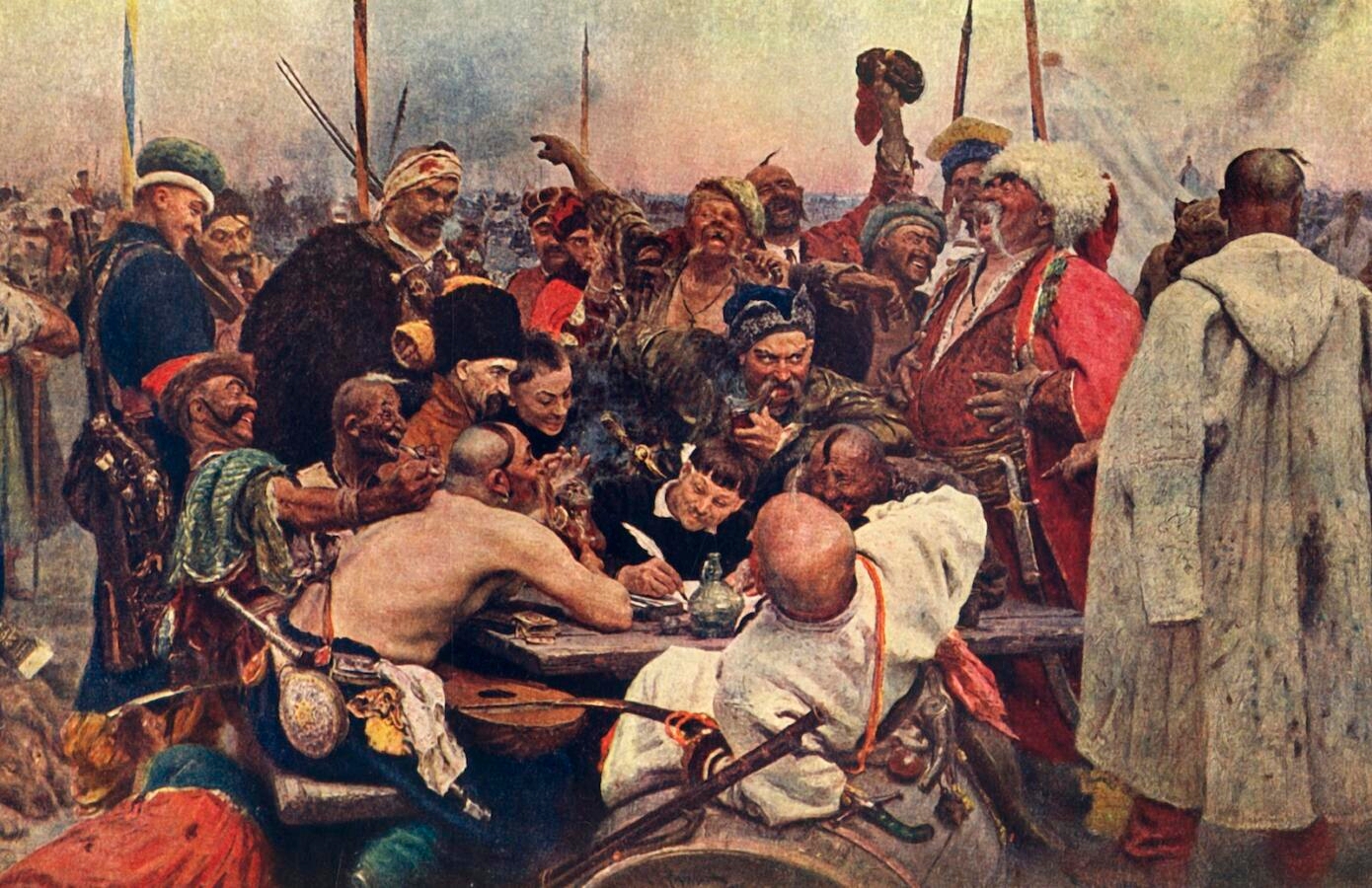 'The Cossacks' Reply to the Sultan (Zaporozhtsy)', c1890, (1939). 'Reply of the Zaporozhian Cossacks to Sultan Mehmed IV of Turkey', also known as 'Cossacks of Saporog Are Drafting a Manifesto', 19th-century imagining of a supposed historical event of 1676, based on the legend of Cossacks sending an apparently rude and insulting reply to an ultimatum from Sultan Mehmed IV of the Ottoman Empire. 'On the right is Taras Bulba (in a white cap), the hero of Gogol's tale of the same name; on the left is Andrei, Taras Bulba's son; almost in the centre sits Ataman (Chief) Serko with a pipe in his mouth'. Ilya Repin (1844-1930) took nearly 20 years to paint the picture, for which Tsar Alexander III paid him 35,000 rubles, at the time the greatest sum ever paid for a Russian painting. In the collection of The State Russian Museum, St Petersburg, Russia. From "The Russian State Museum". [State Art Publishers, Moscow and Leningrad, 1939]