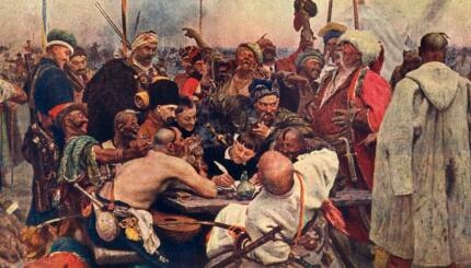 'The Cossacks' Reply to the Sultan (Zaporozhtsy)', c1890, (1939). 'Reply of the Zaporozhian Cossacks to Sultan Mehmed IV of Turkey', also known as 'Cossacks of Saporog Are Drafting a Manifesto', 19th-century imagining of a supposed historical event of 1676, based on the legend of Cossacks sending an apparently rude and insulting reply to an ultimatum from Sultan Mehmed IV of the Ottoman Empire. 'On the right is Taras Bulba (in a white cap), the hero of Gogol's tale of the same name; on the left is Andrei, Taras Bulba's son; almost in the centre sits Ataman (Chief) Serko with a pipe in his mouth'. Ilya Repin (1844-1930) took nearly 20 years to paint the picture, for which Tsar Alexander III paid him 35,000 rubles, at the time the greatest sum ever paid for a Russian painting. In the collection of The State Russian Museum, St Petersburg, Russia. From "The Russian State Museum". [State Art Publishers, Moscow and Leningrad, 1939]