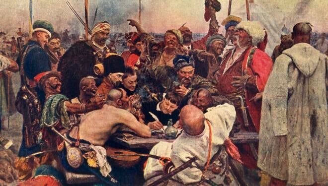 'The Cossacks' Reply to the Sultan (Zaporozhtsy)', c1890, (1939). 'Reply of the Zaporozhian Cossacks to Sultan Mehmed IV of Turkey', also known as 'Cossacks of Saporog Are Drafting a Manifesto', 19th-century imagining of a supposed historical event of 1676, based on the legend of Cossacks sending an apparently rude and insulting reply to an ultimatum from Sultan Mehmed IV of the Ottoman Empire. 'On the right is Taras Bulba (in a white cap), the hero of Gogol's tale of the same name; on the left is Andrei, Taras Bulba's son; almost in the centre sits Ataman (Chief) Serko with a pipe in his mouth'. Ilya Repin (1844-1930) took nearly 20 years to paint the picture, for which Tsar Alexander III paid him 35,000 rubles, at the time the greatest sum ever paid for a Russian painting. In the collection of The State Russian Museum, St Petersburg, Russia. From "The Russian State Museum". [State Art Publishers, Moscow and Leningrad, 1939]