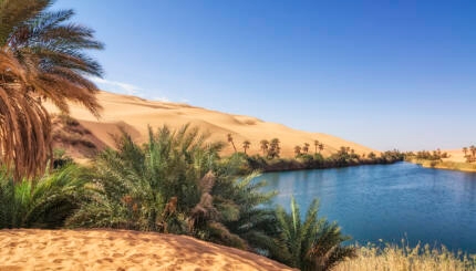 Umm el Ma (Mother of the Water) is about 800 meters long stretched lake in the Libyan part of the Sahara in the Fezzan Awbari. The oasis formed by the lake will be saved from numerous underground water reservoirs. The salinity of the lake rises to 34%.