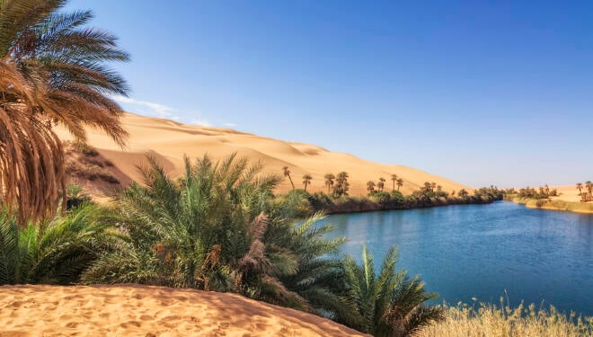 Umm el Ma (Mother of the Water) is about 800 meters long stretched lake in the Libyan part of the Sahara in the Fezzan Awbari. The oasis formed by the lake will be saved from numerous underground water reservoirs. The salinity of the lake rises to 34%.