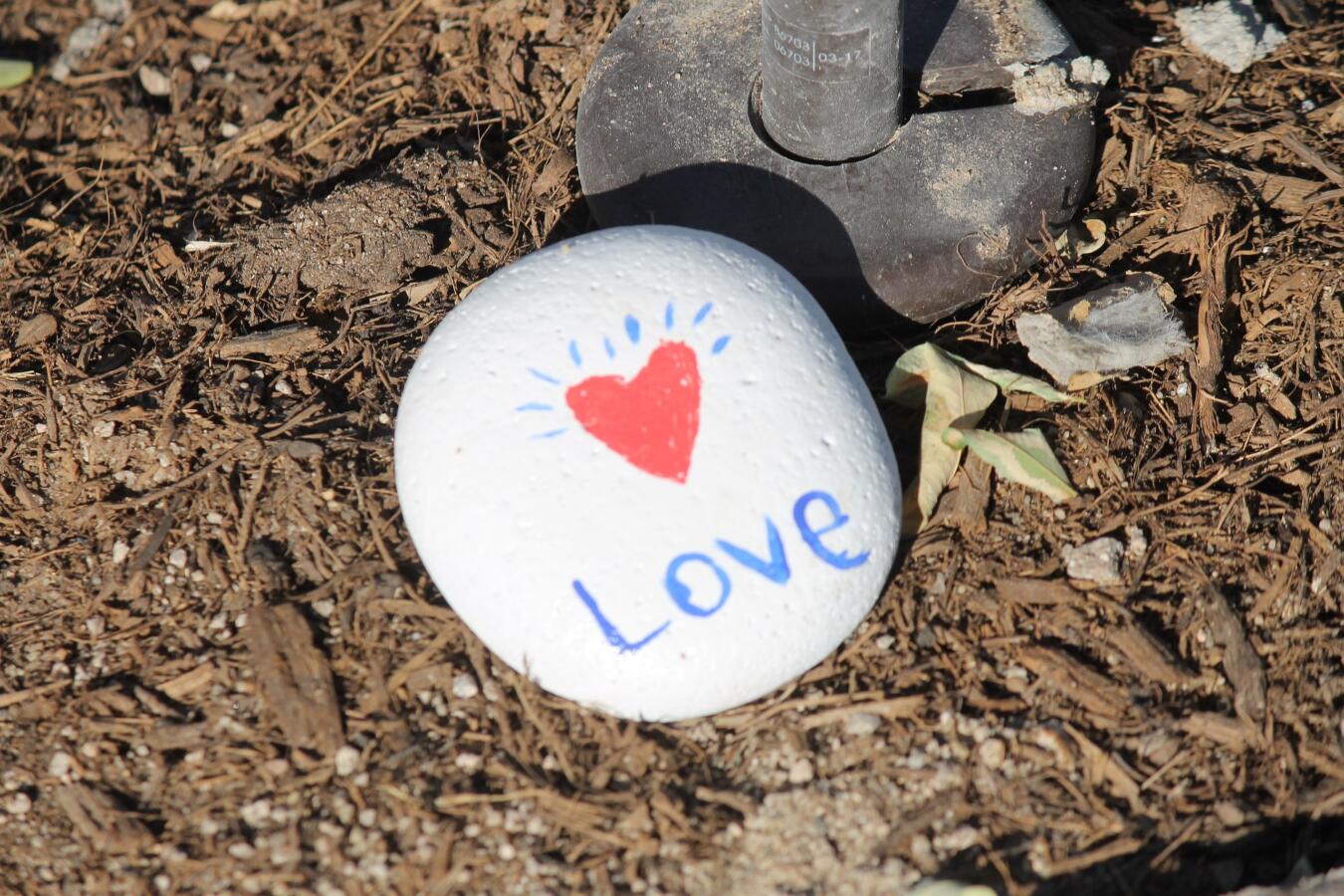 Photo of a white rock with the word love and a heart painted on it.