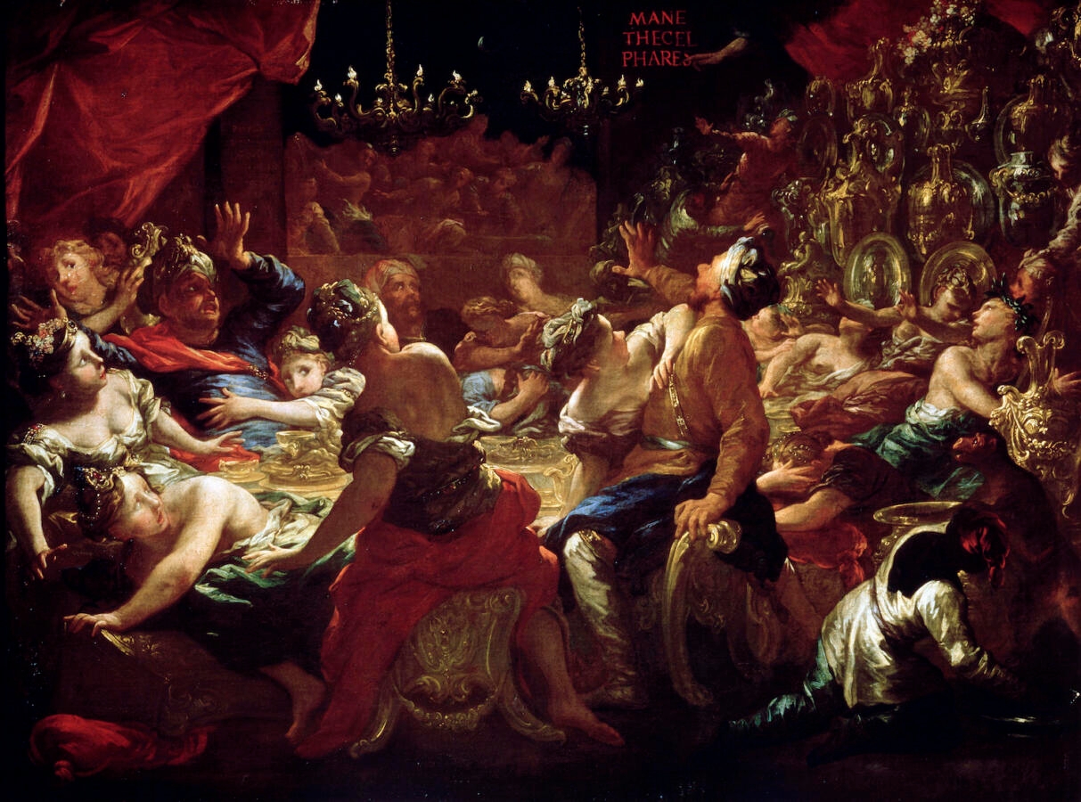 Classical painting of distressed diners.