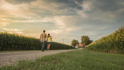 Caucasian father and daughter walking on dirt path by corn field