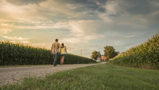 Caucasian father and daughter walking on dirt path by corn field