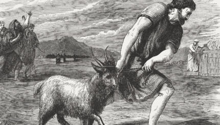 The goat buck as an sin offering (Numbers 29, 5). Wood engraving from the book "Illustrirte Familien-Bibel nach Dr. Martin Luther (Illustrated Family bible after Dr. Martin Luther)", published by A.H. Payne, Reudnitz near Leipzig, in 1886.