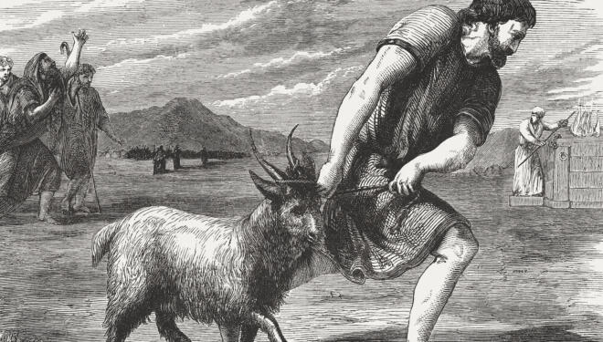 The goat buck as an sin offering (Numbers 29, 5). Wood engraving from the book "Illustrirte Familien-Bibel nach Dr. Martin Luther (Illustrated Family bible after Dr. Martin Luther)", published by A.H. Payne, Reudnitz near Leipzig, in 1886.