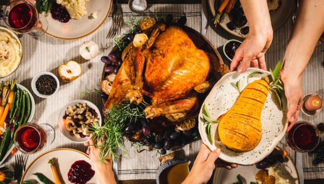 Overhead images of a Thanksgiving table with food and hands passing dishes.