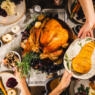 Overhead images of a Thanksgiving table with food and hands passing dishes.