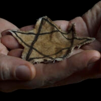 A faded Jewish star badge resting in someone's hands.