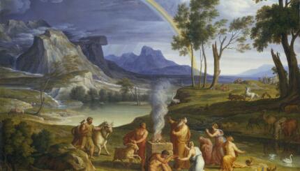 19th century painting of Noah and his sons offering sacrifices with a rainbow arching through the sky.